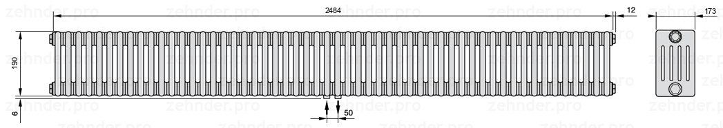 Схема (чертеж) Радиатор Zehnder Charleston 5019/54 №3470 Белый глянцевый RAL 9016